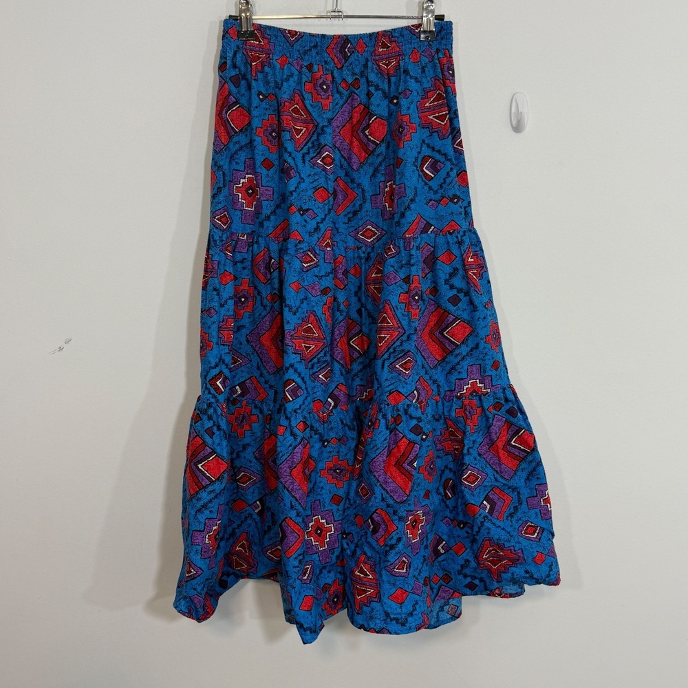 Vintage 80s Kayo California Womens Skirt Medium Blue Tiered Maxi Wacky Southwest